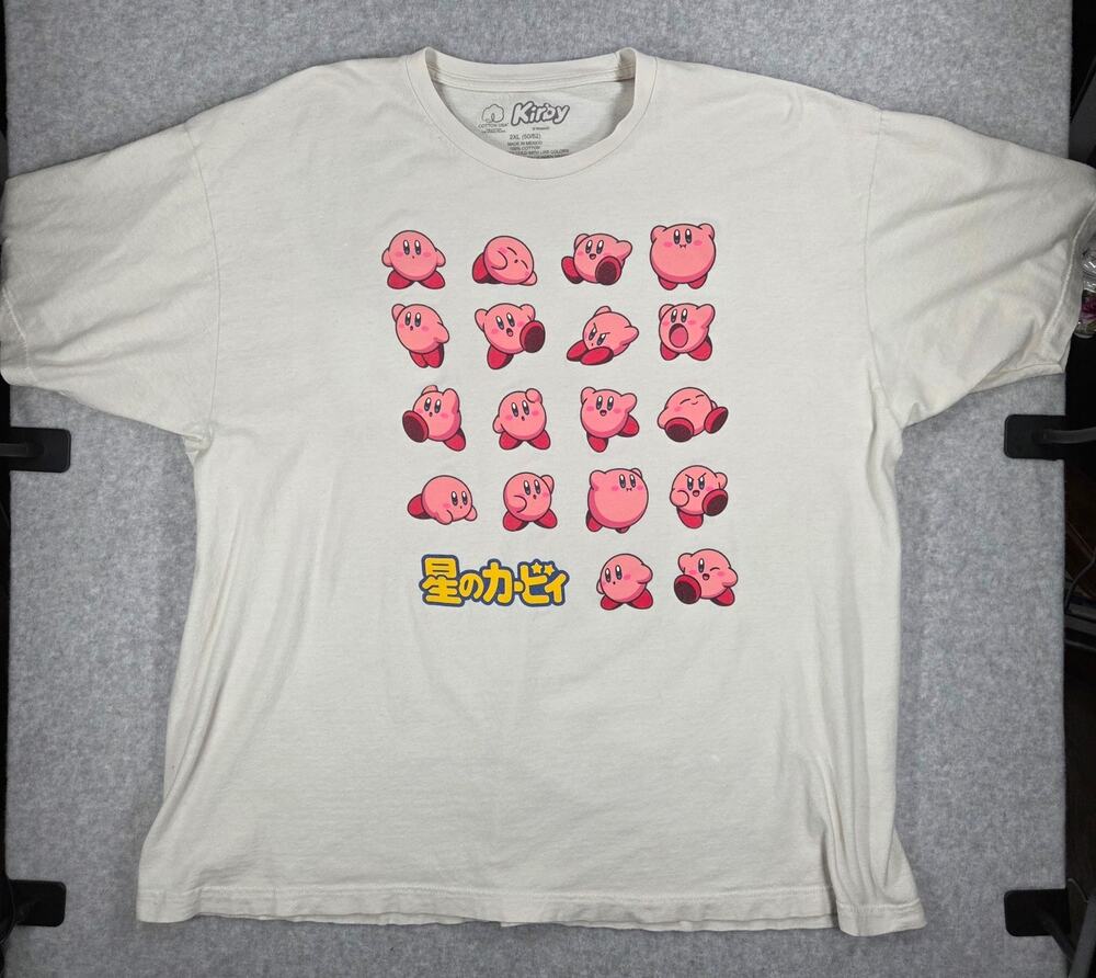 Nintendo Kirby Graphic Tee Shirt Mens 2XL Cream Multi-Pose Grid Japanese Kanji